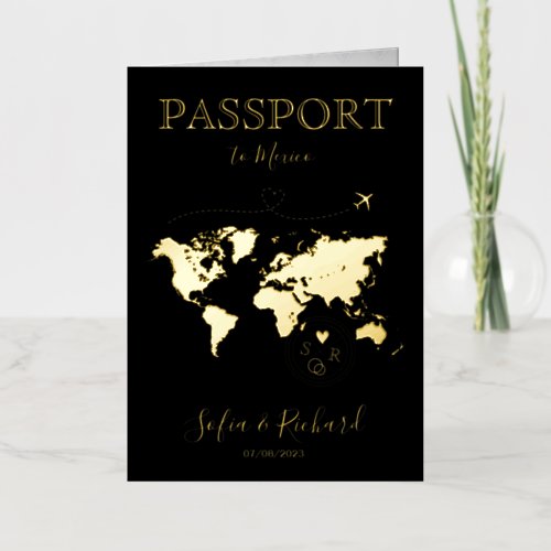 Destination Wedding Black Gold World Map Passport Foil Greeting Card