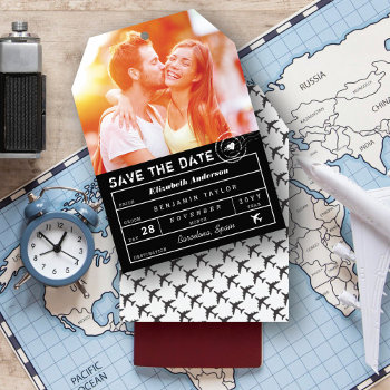 Destination Wedding Black White Luggage Tag Photo Save The Date by fatfatin_blue_knot at Zazzle