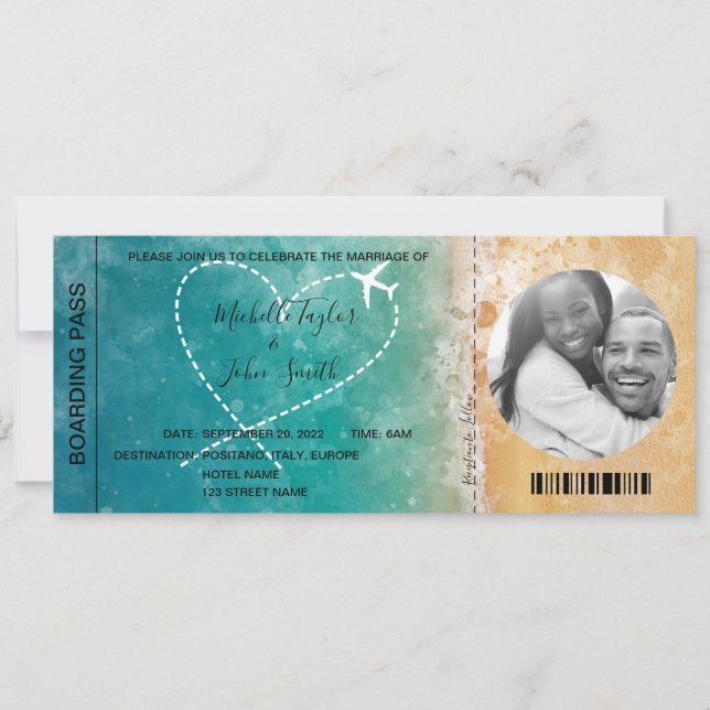 Destination Wedding Boarding Pass Beach Ocean Invi Invitation (Front)