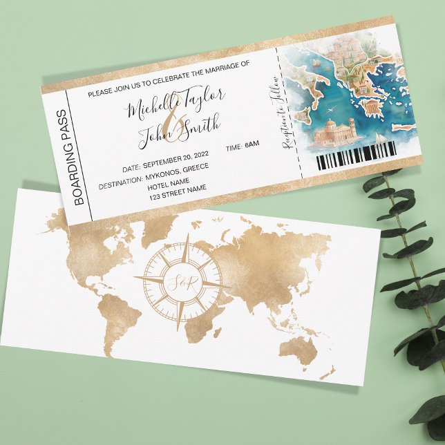 Destination Wedding Boarding Pass Greece Invitation (illustrated watercolor map greece)