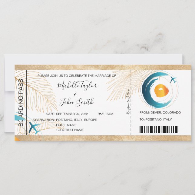 Destination Wedding Boarding Pass Heart Plane Icon Invitation (Front)