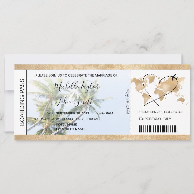 Destination Wedding Boarding Pass Heart Plane Palm Invitation (Front)
