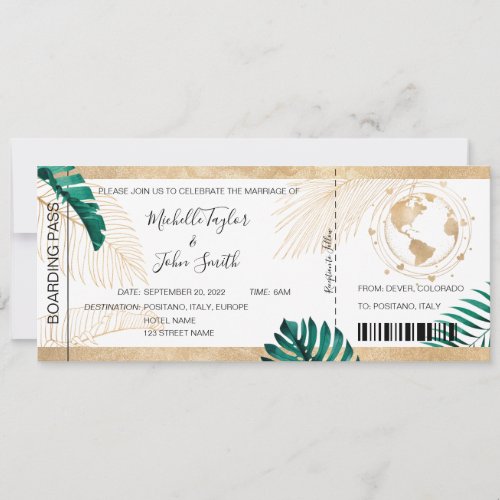 Destination Wedding Boarding Pass Heart World Map Invitation