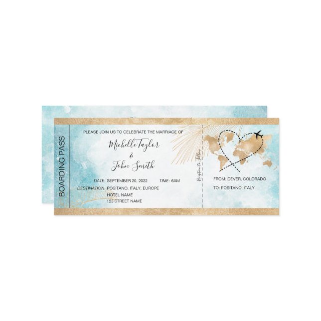 Destination Wedding Boarding Pass Plane Tropical Invitation (Front/Back In Situ)