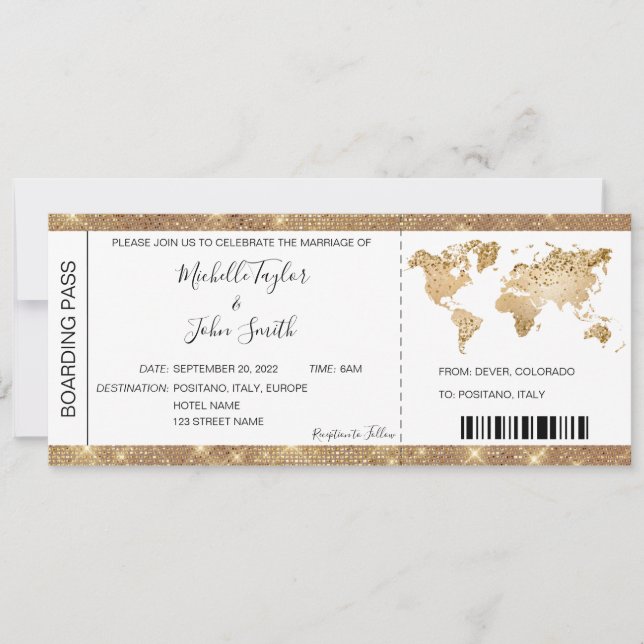Destination Wedding Boarding Pass Ticket Gold Plan Invitation (Front)
