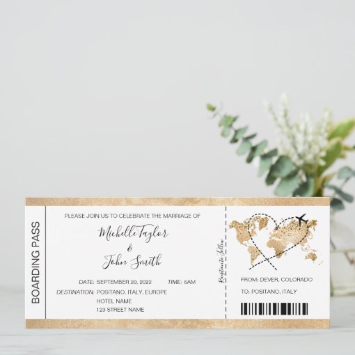 Destination Wedding Boarding Pass Ticket Gold Plan Invitation | Zazzle