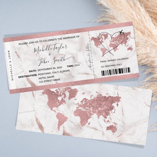 Destination Wedding Boarding Pass Ticket Rose Gold Invitation