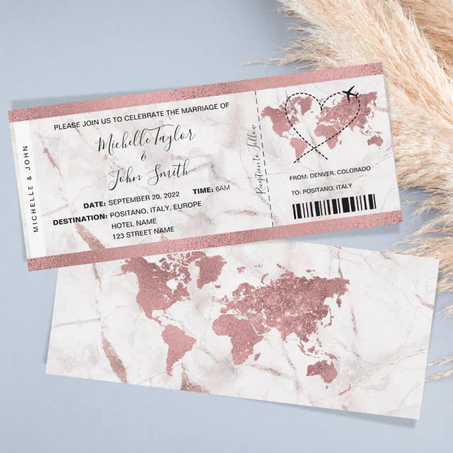 Destination Wedding Boarding Pass Ticket Rose Gold Invitation | Zazzle