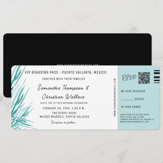 Destination Wedding Boarding Pass Tropical palm Invitation (Front/Back)