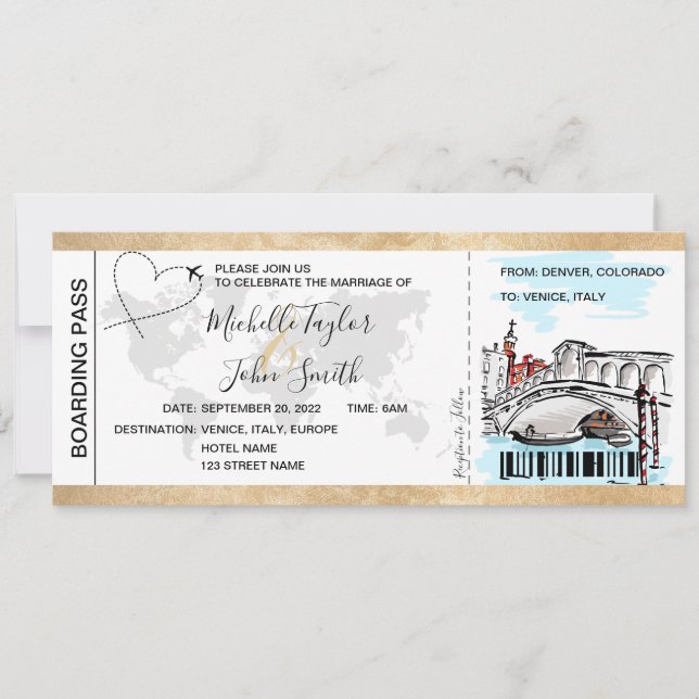 Destination Wedding Boarding Pass Venice Italy Invitation (Front)