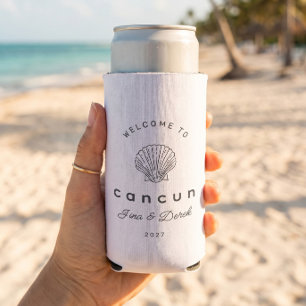 Destination Wedding Cancun Black and White Seltzer Can Cooler