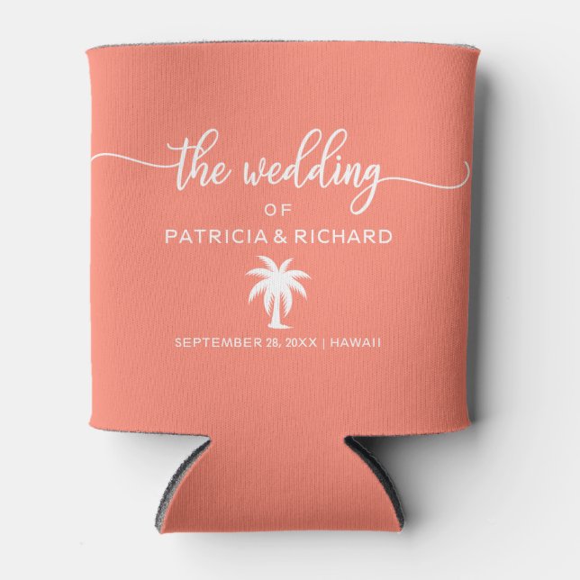 Destination Wedding Coral and White Palm Tree Can Cooler (Front)