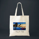 Destination wedding = customize with your own name tote bag<br><div class="desc">Relaxing beach scene with tiki huts and party drinks with umbrellas and palm trees.  Perfect decor for destination weddings.</div>