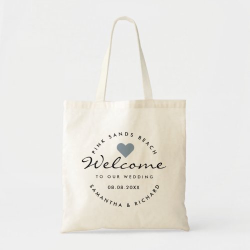 Destination Wedding Dusty Blue Heart Guest Welcome Tote Bag