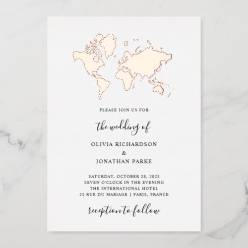 Destination Wedding  Elegant World Map Rose Gold Foil Invitation