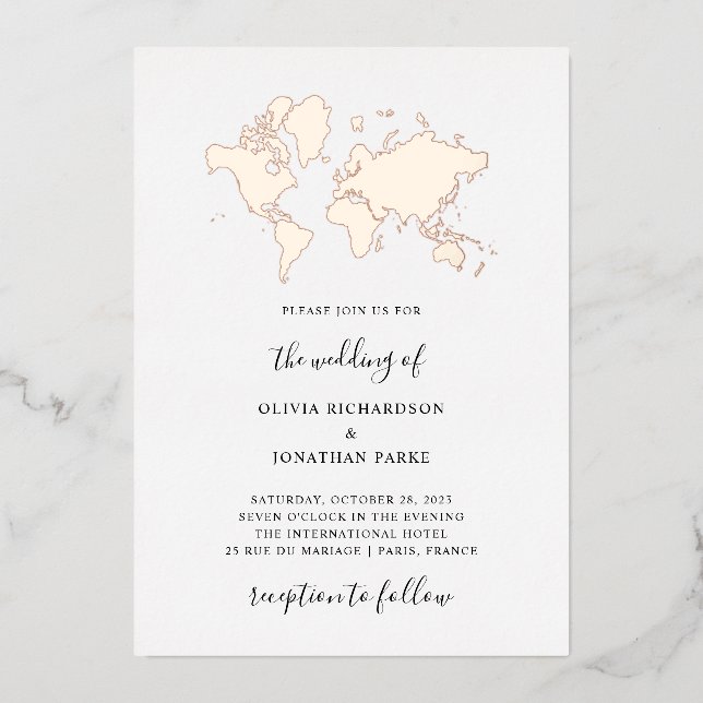 Destination Wedding | Elegant World Map Rose Gold Foil Invitation (Front)