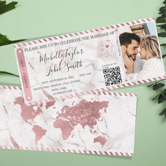 Destination Wedding Gold Boarding Pass QR Code Inv Invitation (rose gold world map boarding pass with photo)