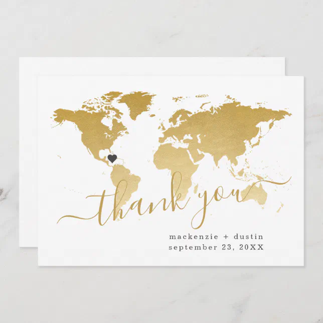 Destination Wedding Gold Map Personalized Thank You Card | Zazzle