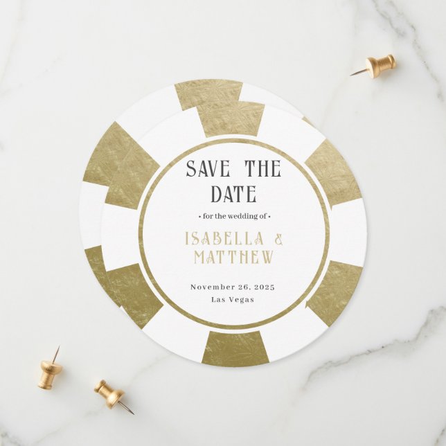 Destination Wedding Gold Poker Chip Save The Date (Front/Back In Situ)