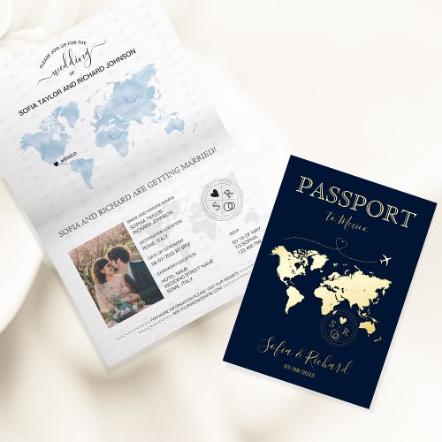 Destination Wedding Gold World Map Passport Modern Foil Greeting Card