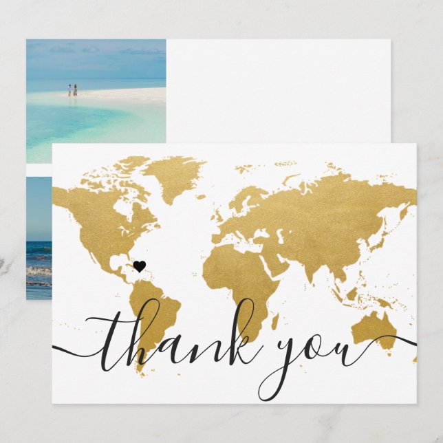 Destination Wedding Gold World Map Wedding Photo Thank You Card (Front/Back)