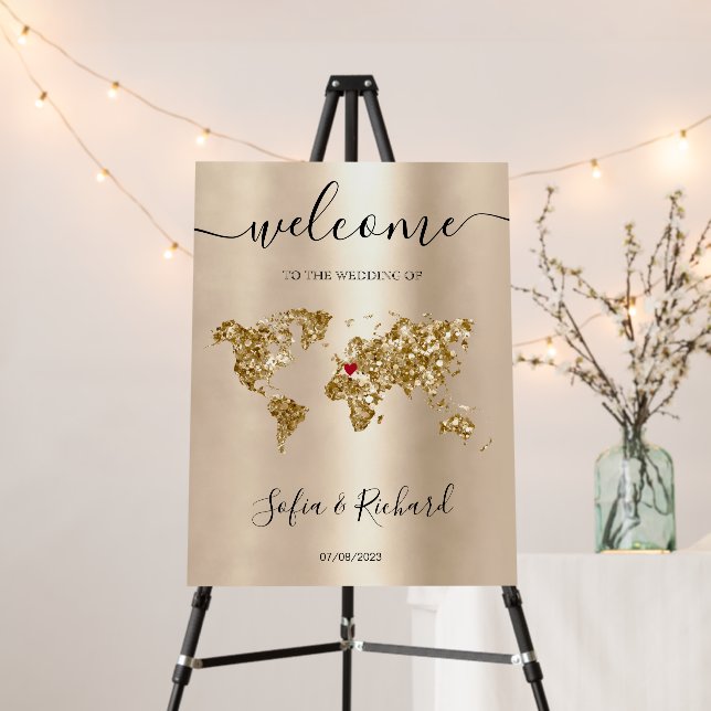 Destination Wedding Gold World Map Welcome Sign (In Situ (Stand))