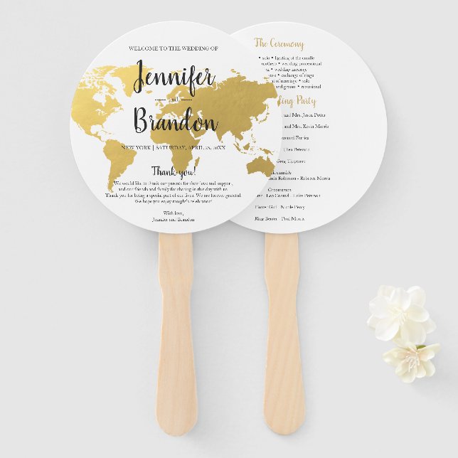 Destination wedding gold world wedding program fan (Front and Back)