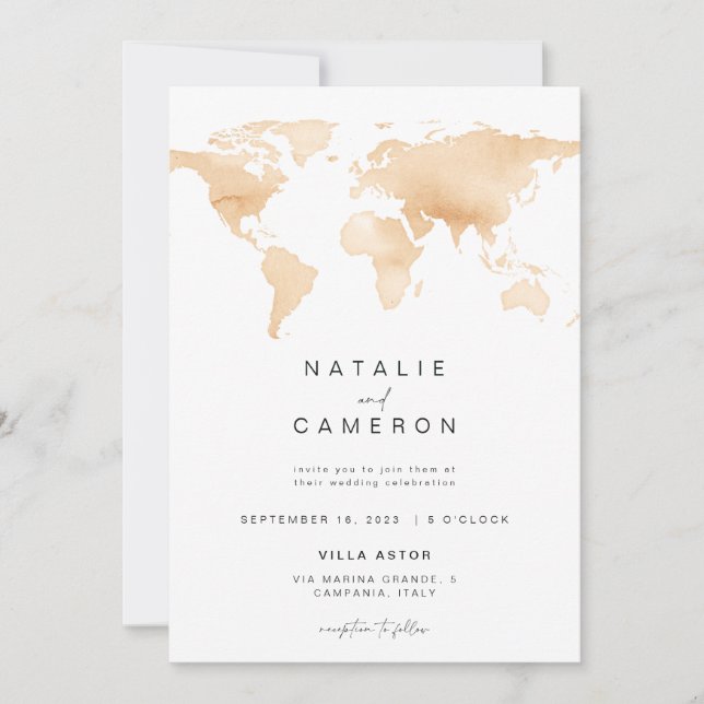 Destination Wedding Invitation with World Map (Front)