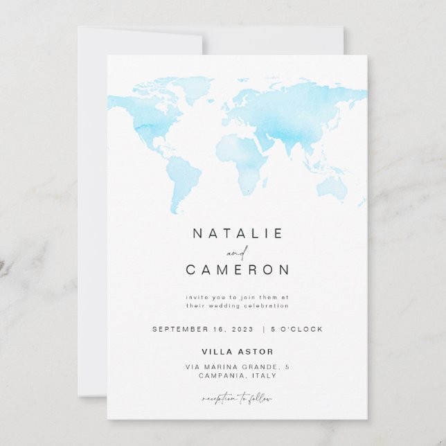 Destination Wedding Invitation with World Map (Front)