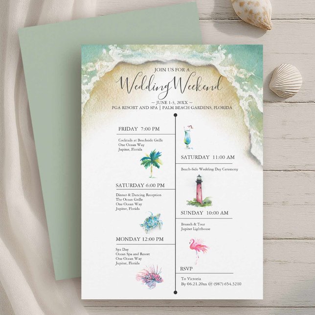 Destination Wedding Itinerary Template Lighthouse (Beach wedding weekend itinerary watercolor illustration art by Victoria Grigaliunas )