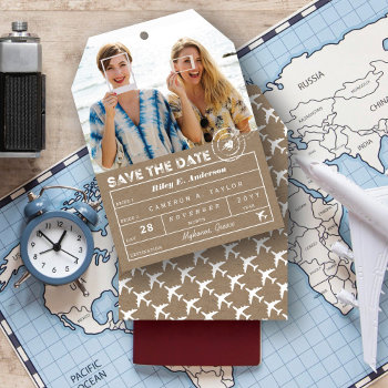 Destination Wedding Kraft Luggage Tag 2 Photo Save The Date by fatfatin_blue_knot at Zazzle