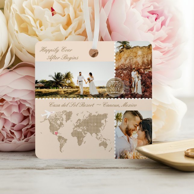 Destination Wedding Map Pin Photo Collage Keepsake Metal Ornament (Destination Wedding Map Pin Photo Collage Keepsake Metal Ornament)
