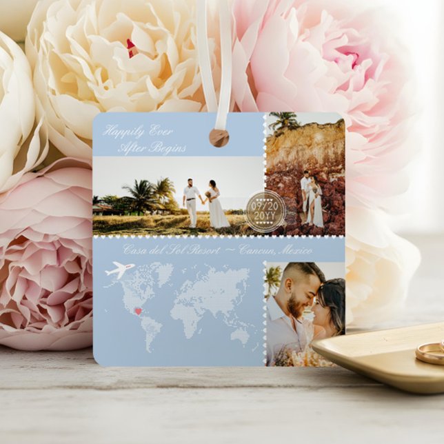 Destination Wedding Map Pin Photo Collage Keepsake Metal Ornament (Destination Wedding Map Pin Photo Collage Keepsake Metal Ornament)