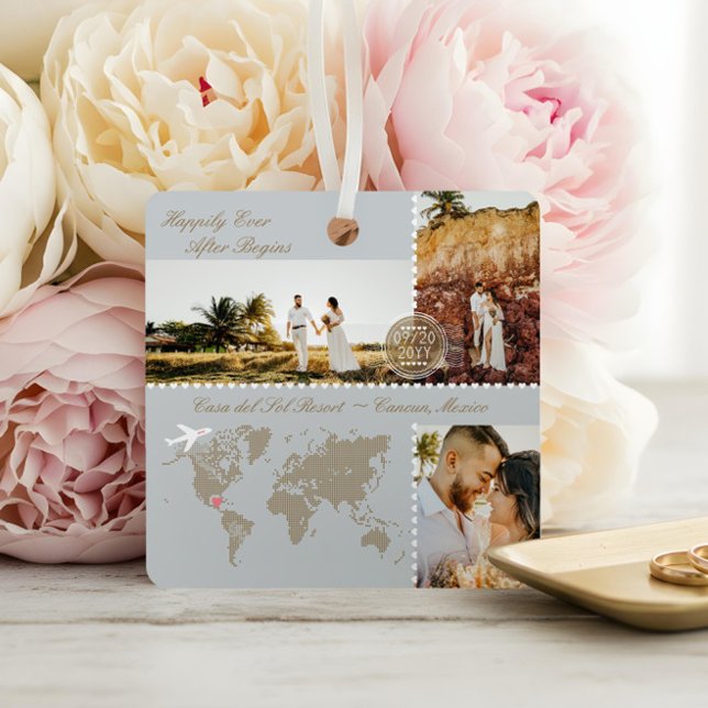 Destination Wedding Map Pin Photo Collage Keepsake Metal Ornament (Destination Wedding Map Pin Photo Collage Keepsake Metal Ornament)