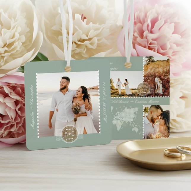 Destination Wedding Map Pin Photo Collage Keepsake Metal Ornament (Destination Wedding Map Pin Photo Collage Keepsake Metal Ornament)