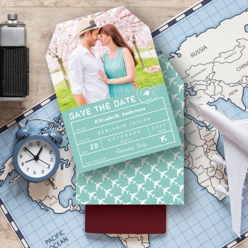 Destination Wedding Mint Green Luggage Tag Photo Save The Date by fatfatin_blue_knot at Zazzle