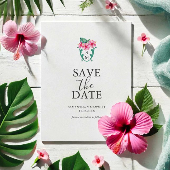 Destination Wedding Monogram Save The Date (Destination wedding save the date tropical Hibiscus flowers and monogram Victoria Grigaliunas )