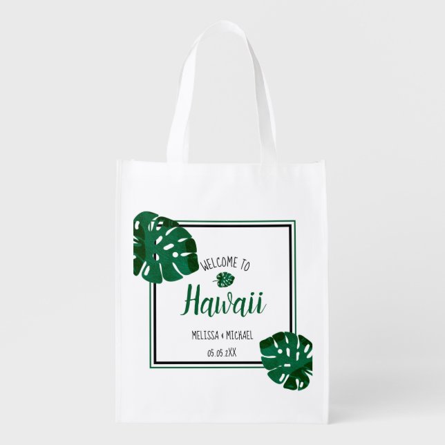 Destination Wedding Monstera Leaf Hawaiian Welcome Grocery Bag (Front)