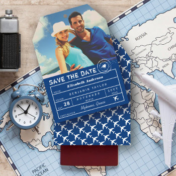 Destination Wedding Navy Blue Luggage Tag Photo Save The Date by fatfatin_blue_knot at Zazzle