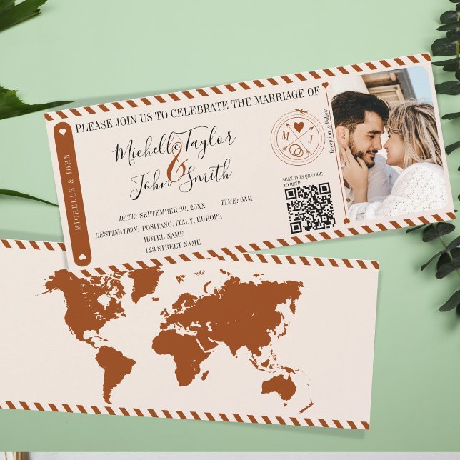 Destination Wedding Orange Boarding Pass QR Code Invitation (Creator Uploaded)