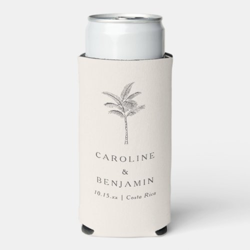 Destination Wedding Palm Tree Slim Elegant Custom Seltzer Can Cooler