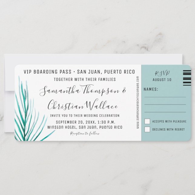Destination Wedding Palm watercolor boarding pass Invitation (Front)