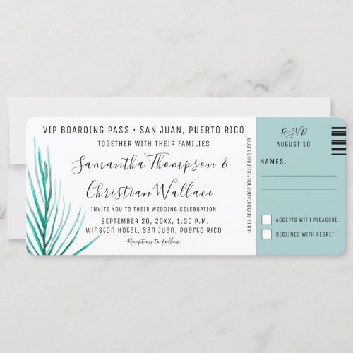 Destination Wedding Palm watercolor boarding pass Invitation