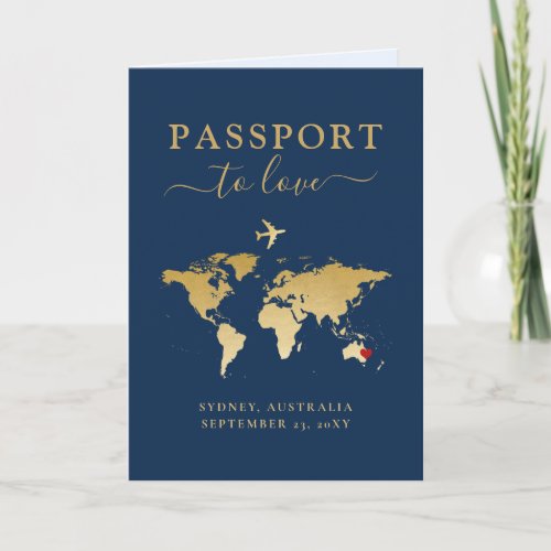 Destination Wedding Passport Blue Gold Map  Heart Invitation