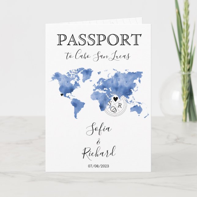 Destination Wedding Passport Blue World Map Mexico Invitation (Front)