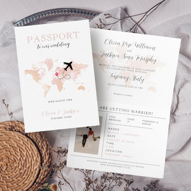Destination Wedding Passport Blush Pink World Map Invitation (Creator Uploaded)