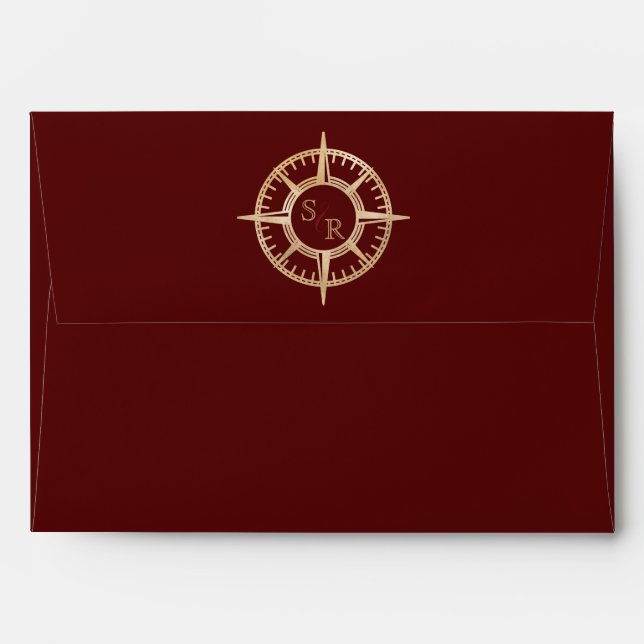 Destination Wedding Passport Gold Burgundy Compass Envelope (Back (Top Flap))