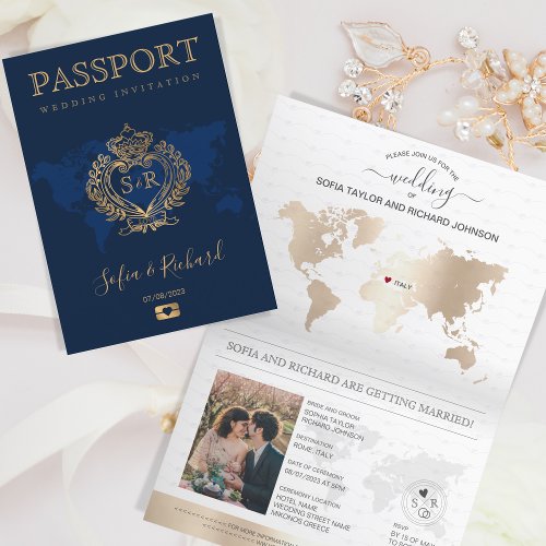 Destination Wedding Passport Gold Crest Italy Invitation