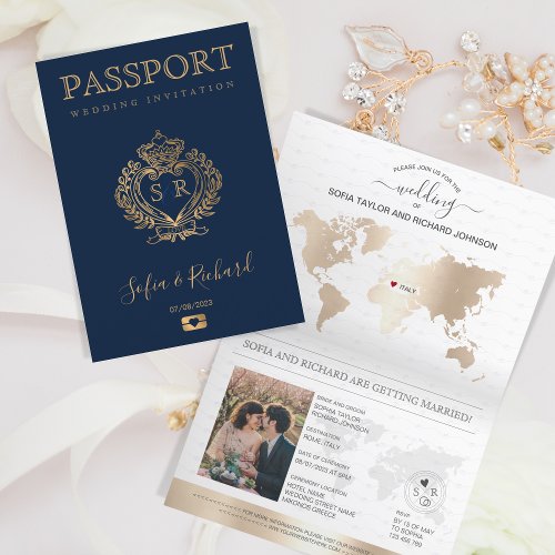 Destination Wedding Passport Gold Crest Italy Invitation