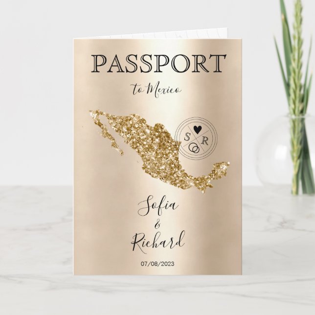 Destination Wedding Passport Gold World Map Mexico Invitation (Front)